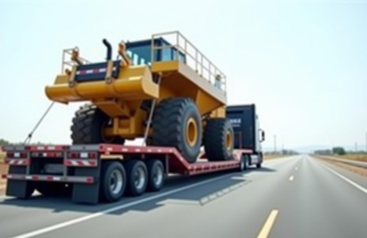 Heavy construction equipment on specialized flatbed trailer